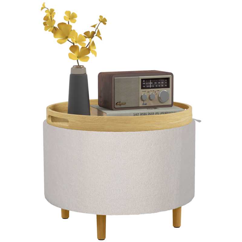 HOMCOM Sitzhocker Ø56 x 42 cm, runder Polsterhocker mit Stauraum und Klappdeckel, Holzbeine, ideal für Wohnzimmer und Schlafzimmer, Weiß Aosom.de – Bild 1 von 2