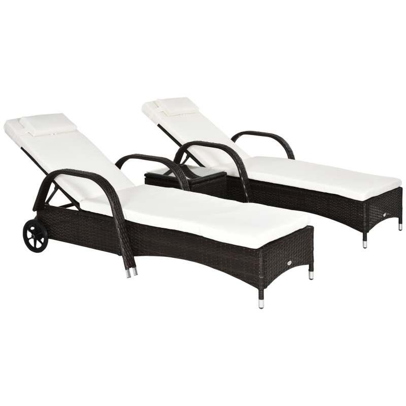 Outsunny Sonnenliege Gartenliege Tisch 3er-Set Gartenmöbel, Polyrattan+Metall Braun+Cremeweiß Aosom – Bild 1 von 2