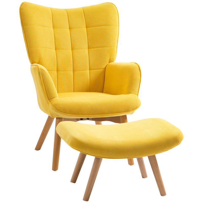HOMCOM Relaxsessel Loungesessel Ohrensessel mit Hocker in Gelb, Armlehnstuhl mit Holzbeinen, Cord-Optik für gemütliches Sitzen Aosom.de – Bild 1 von 2
