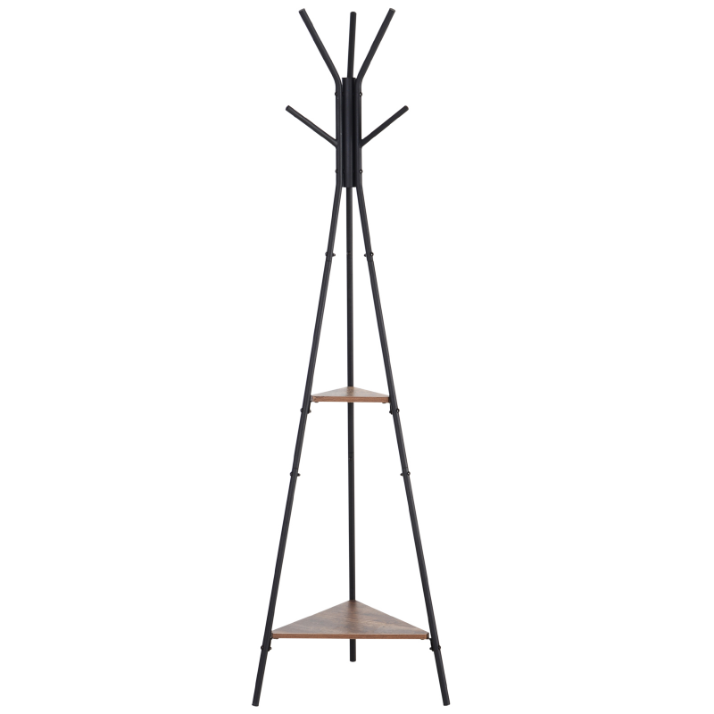 HOMCOM Kleiderständer mit Verästelung Stabiler Metall Kleiderständer, 6 Haken, 2 Ablagen, Schwarz, 32,5 x 45,5 x 182 cm Aosom – Bild 1 von 2