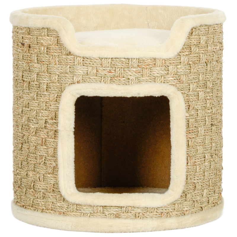 PawHut Kratztonne, 37 cm Hoch Katzentonne mit Tür, Kratzbaum mit 2 Ebene, Katzenturm aus Sisal, für Katze bis 5 kg, Khaki Aosom – Bild 1 von 2
