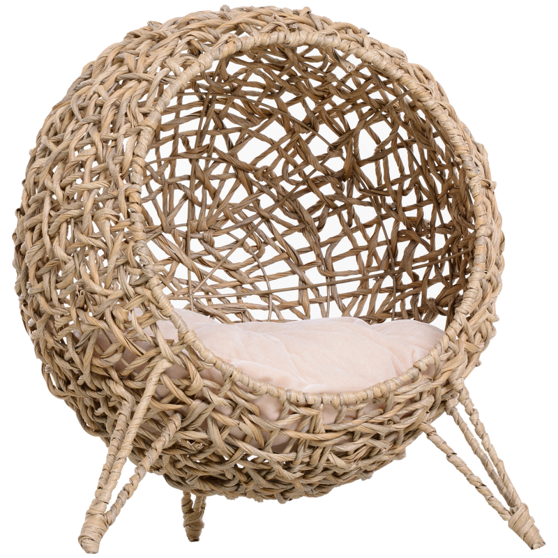 PawHut Katzenhaus aus PE-Rattan mit Kissen Katzenschlafplatz Katzenhöhle mit erhöhten Füßen Natur Ø52 x 58 cm Aosom – Bild 1 von 2