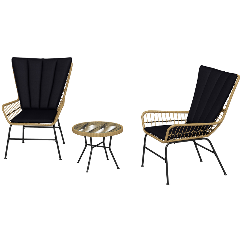 Outsunny 3-teilige Rattan-Sitzgruppe Gartengarnitur Gartenmöbel-Set mit 2 Stühlen & Beistelltisch Hartglasplatte und Kissen Aosom.de – Bild 1 von 2