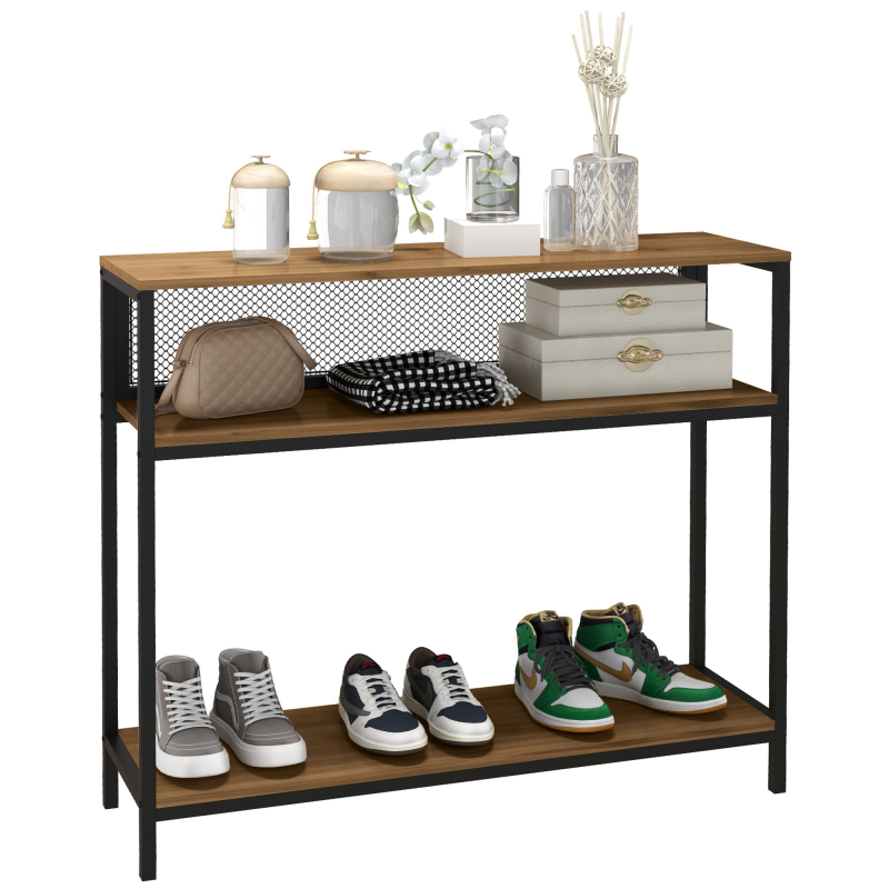 HOMCOM Konsolentisch, Flurtisch mit 2 Regalen, Flurkonsole mit Kippschutz, Schuhregal für Eingangsbereich, Flur, Metall, Braun, 100 x 29,5 x 90 cm Aosom – Bild 1 von 2