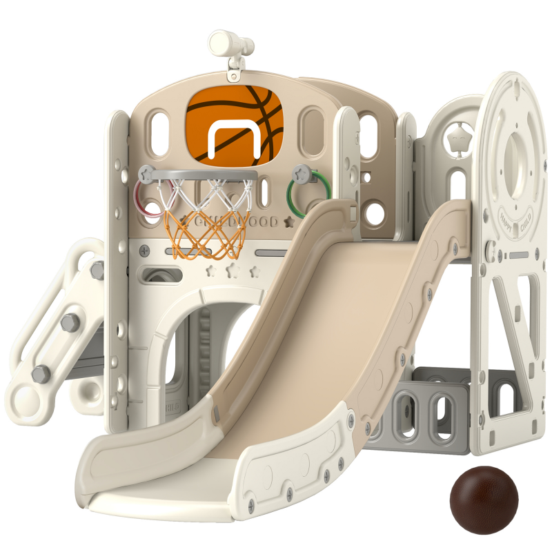 AIYAPLAY Kinderrutsche, 7-in-1, Kleinkinderrutsche mit Basketballkorb, Klettergerüst, Teleskop, Tunnel, Plattformgang, Aufbewahrungskorb, Kinder Spielplatz für 1 bis 6 Jahre Kinder Aosom – Bild 1 von 2