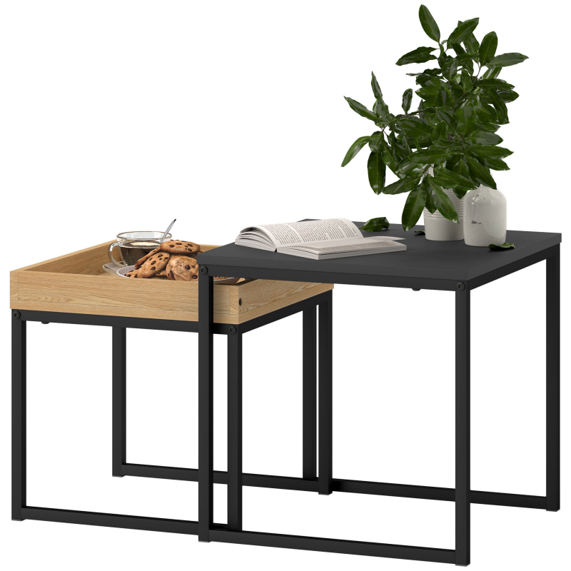 HOMCOM 2er-Set Couchtisch, Eckiger Beistelltisch, Kaffeetisch mit Stahlgestell, Sofatisch im modern Design, für Wohnzimmer, bis 30 kg Belastbar, Schwarz+Eiche Aosom – Bild 1 von 2