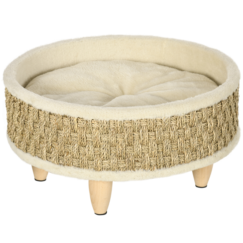 PawHut Hundesofa erhöhtes Haustierbett rund 48x48x245cm mit waschbarem Seegrasseil und Holzbeinen in Beige Khaki-Natur für komfortable Ruheplätze Aosom.de – Bild 1 von 2
