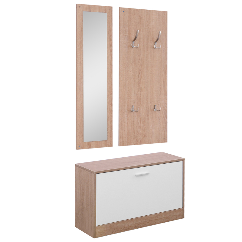HOMCOM 3-teiliges Garderoben-Set Flurgaderobe mit Schuhschrank Garderobe Wandspiegel 4 Haken Natur 30 x 100 cm (Spiegel) Aosom – Bild 1 von 2