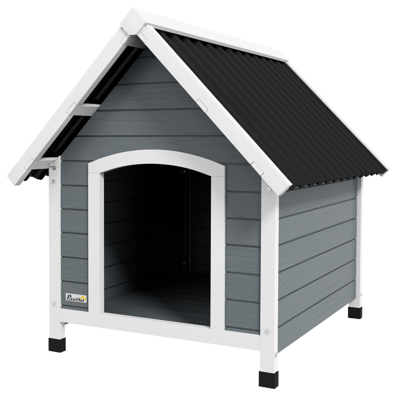 PawHut Hundehütte 75x88x82 cm für mittelgroße Hunde, korrosionsbeständig, Asphaltdach, herausnehmbarer Boden, Tannenholz, grau Aosom.de – Bild 1 von 2