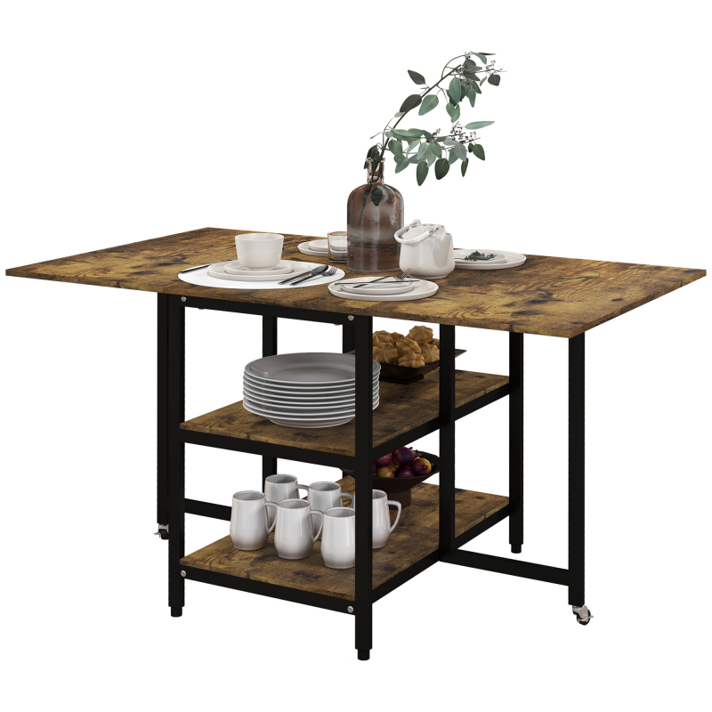 HOMCOM Klapptisch Esstisch Rollen 140x80cm 2-6 Personen 2 Ablagen Rustikal-Braun Stahl Aosom – Bild 1 von 2