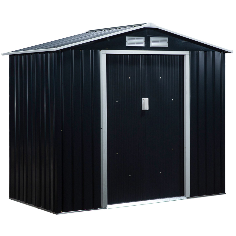 Outsunny metall Gartenhaus, Geräteschuppen 213x130x173cm, Gerätehaus mit Schibetüren und Bodenrahmen stabil wetterfest Dunkelgrau Aosom – Bild 1 von 2