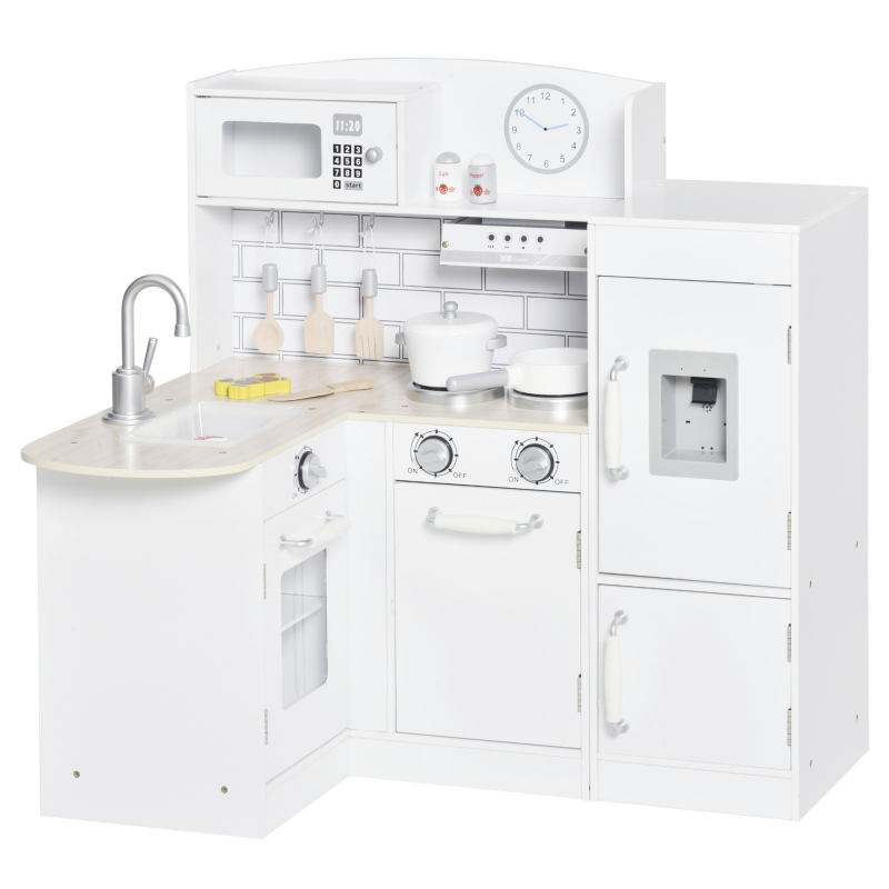 HOMCOM Kinderküche Spielküche mit elektronischem Wasserspender, Mikrowelle und Kühlschrank, Puppenküche mit Backofen, Kochgeschirrset, Küchenzubehör für Kinder ab 3 Jahren, Weiß Aosom – Bild 1 von 2
