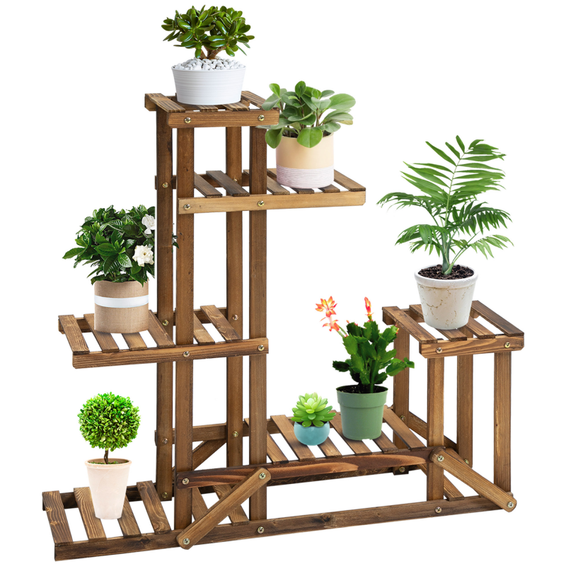 Outsunny Pflanzenregal Massivholz Blumenständer mit 6 Ebenen, Verkohlt, 98x28x96,5cm, für Garten & Balkon Aosom – Bild 1 von 2