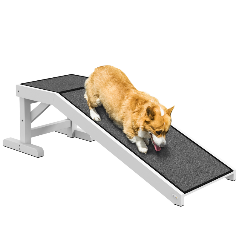 PawHut Haustierrampe mit rutschfestem Teppich Haustierleiter Hunderampe für Hund bis 30 kg Kiefernholz Polyester Weiß+Grau 125 x 40 x 35,5 cm Aosom – Bild 1 von 2