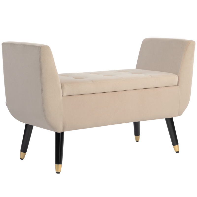 HOMCOM Luxus Sitzbank Polsterbank mit Stauraum Armlehnen Truhenbank Samtartiges Polyester Gummiholz Beige 107 x 42 x 65 cm Aosom – Bild 1 von 2