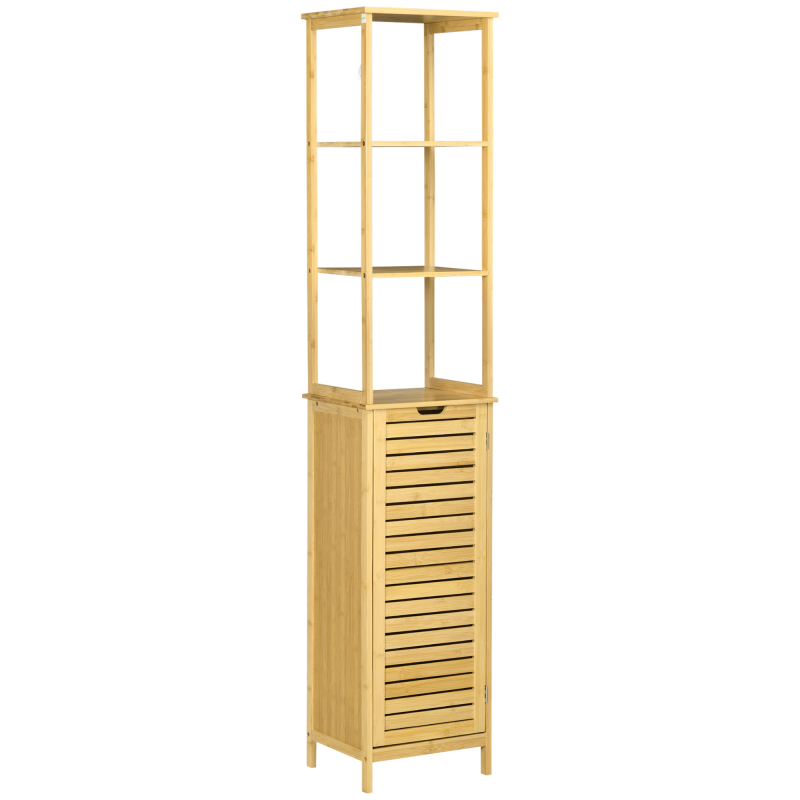 kleankin Badschrank Bambus, 34 x 30 x 173 cm, mit 3 offenen Fächer und 1 Schrank, Kippschutz, Grifföffnung, Freistehender, kleine Räume, Natur Aosom – Bild 1 von 2