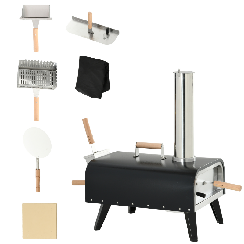 Outsunny 2-in-1 Pizzaofen Holzbackofen mit Pizzastein, Pizzaschaufel, Pizzaschieber, klappbar, aus Stahl, schwarz für Outdoor BBQ Aosom.de – Bild 1 von 2