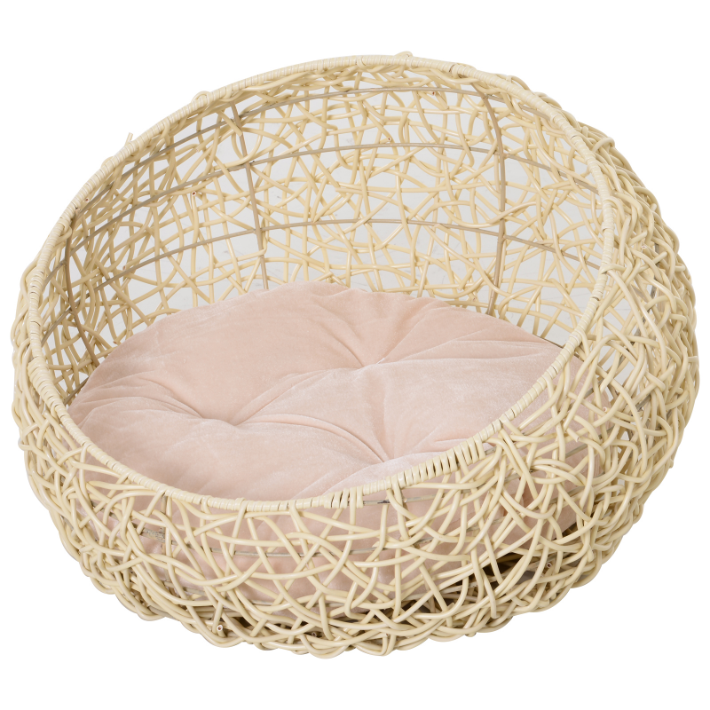 PawHut Katzenbett aus Rattan Bequeme Katzenhöhle mit Kissen Katzenkorb & Hundebett Beige Ø56x35cm für Katzen & kleine Hunde Aosom.de – Bild 1 von 2