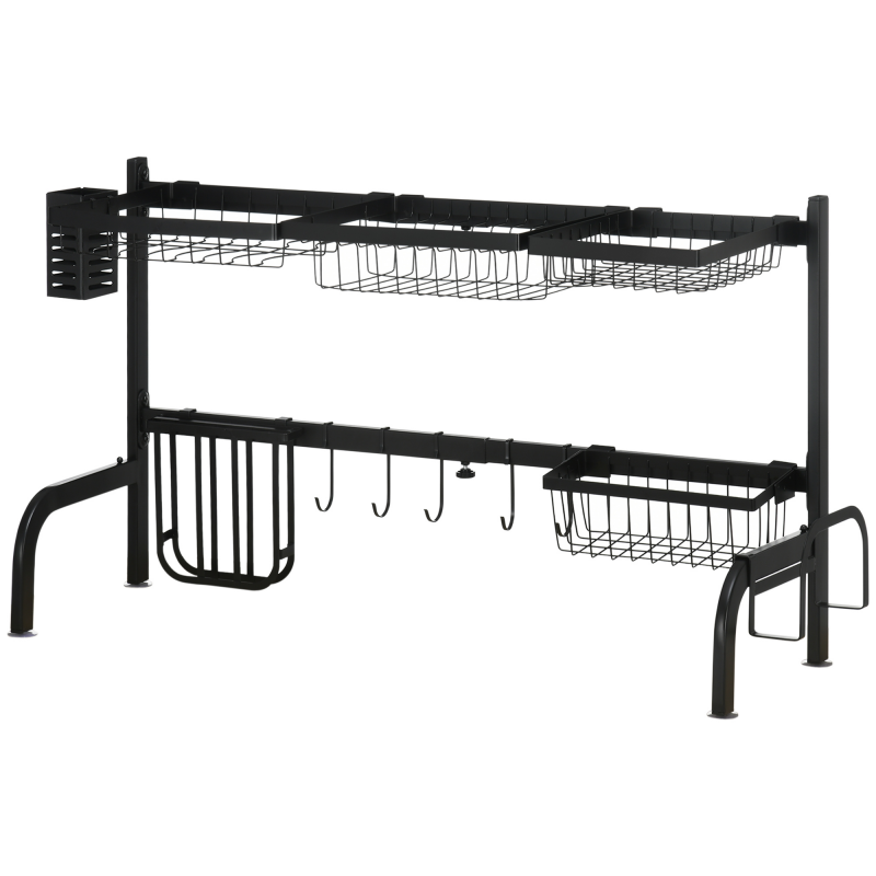 HOMCOM Abtropfgestell 2-stufiges Geschirr-Abtropfgitter mit Haken und Abtropfschale aus Stahl, Schwarz 51-93 cm für Küche Aosom.de – Bild 1 von 2