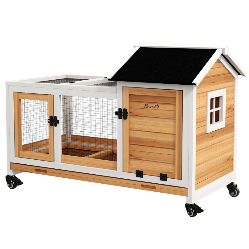 PawHut Kaninchenkäfig auf Rollen, 108 x 58 x 73,5 cm, Kleintierstall Holz, mobiler Kaninchenstall, Gelb Aosom.de – Bild 1 von 2