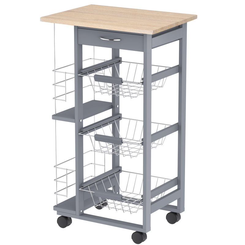HOMCOM Küchenwagen auf Rädern mit 2 Regalen und Arbeitsplatte, grau aus Kiefernholz, für In- und Outdoor, 47 x 37 x 83 cm Aosom.de – Bild 1 von 2