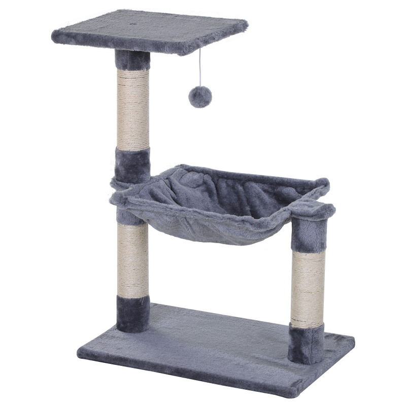 PawHut Kletterbaum Grau Katzenbaum Kratzbaum mit Sisalsäule & Plüsch-Hängematte, 50x36x70cm Aosom – Bild 1 von 2