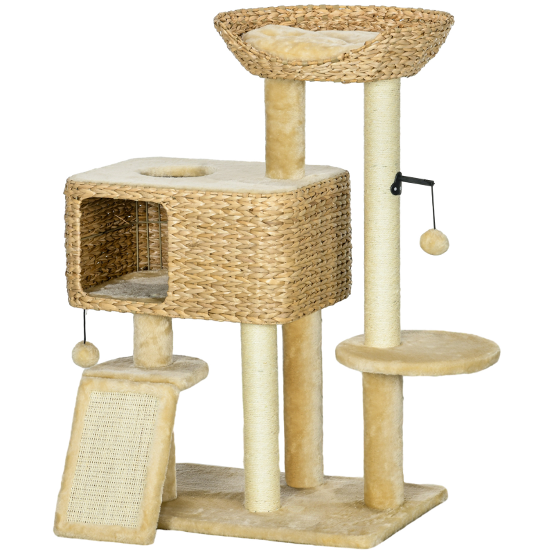 PawHut Katzen Kratzbaum 98 cm Katzenbaum mit 2 Leigefläche, Katzenkratzbaum Spielball für Katzen bis 6 kg, Katzenmöbel, Sisal, Beige Aosom – Bild 1 von 2