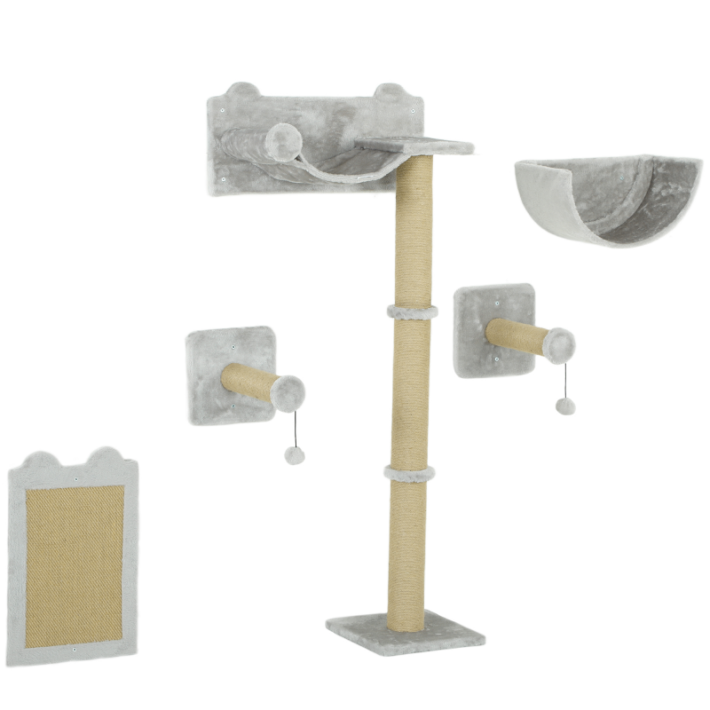 PawHut Katzen Kletterwand 5 tlg. Klettern Katzenkratzbaum mit Kratzpfosten, Hängematte, Sprungplatt, Wandkratzbaum, Wand Katzenmöbel für Katzen bis 5 kg, Polyester, Hellgrau Aosom – Bild 1 von 2