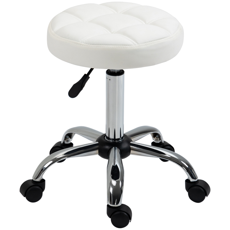 Vinsetto Rollhocker Höhenverstellbarer Drehbarer Arbeitshocker für Büro & Salon, Kunstleder Weiß Ø35,5 x 51-67 cm Aosom.de – Bild 1 von 2
