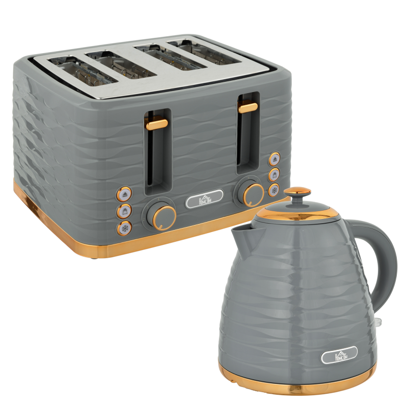HOMCOM Frühstücksset Wasserkocher & Toaster 1,5L Wasserkocher 4 Scheiben Toaster 3000 W 7 Bräunungsstufen Auftauen & Aufwärmen Grau Aosom.de – Bild 1 von 2
