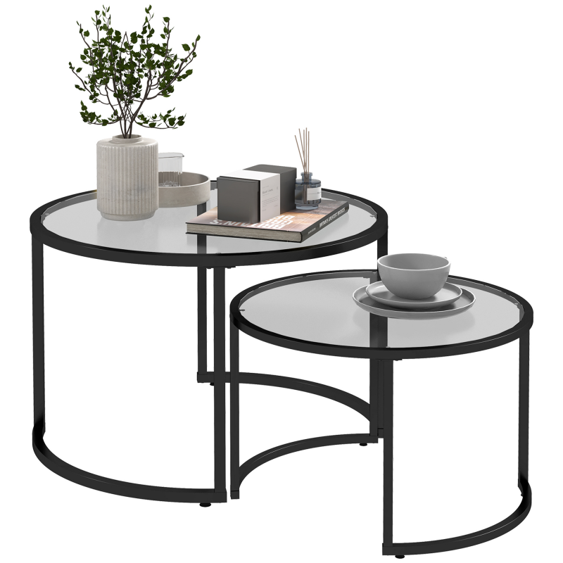 HOMCOM Couchtisch 2er-Set Beistelltisch mit schwarzem Stahlgestell Hartglas Tischplatte teilweise stapelbar für Wohnzimmer & Lounge Aosom.de – Bild 1 von 2