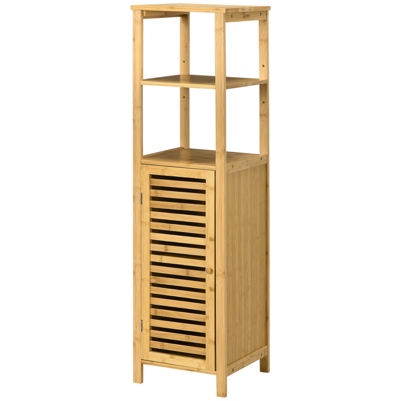 kleankin Badezimmerschrank höhevestellbar, Badschrank aus Bambus, Badezimmermöbel mit Schrank, zwei offene Ablagen, für Badezimmer, ca. 33 x 30 x 120 cm Naturholz Aosom – Bild 1 von 2