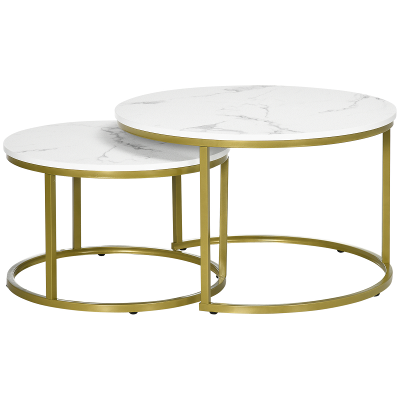 HOMCOM 2er-Set Couchtisch, Runder Beistelltisch, Kaffeetisch mit Stahlgestell in Gold, stapelbar Sofatisch mit Marmoroptik, für Wohnzimmer, bis 30 kg belastbar, Weiß Aosom – Bild 1 von 2