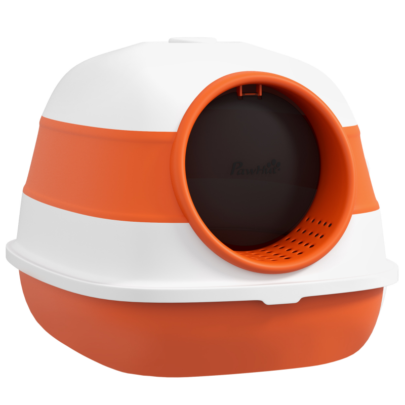 PawHut Katzentoilette mit Deckel Katzenklo 52x41x38cm Deodorant Bodengitter Schaufel für Katzen bis 5kg Weiß Orange Aosom.de – Bild 1 von 2