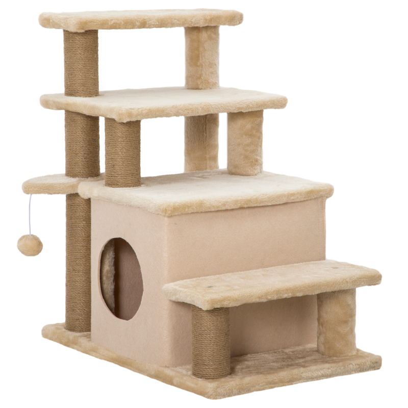 PawHut Haustiertreppe, 3/4-stufige höhenverstellbare Katzentreppe mit Schlafhöhle 2 in 1 praktische Hunderampe für kleine Hunde und Katzen Einstieghilfe für hohe Betten Sofa Beige 60 x 40 x 66 cm Aosom – Bild 1 von 2