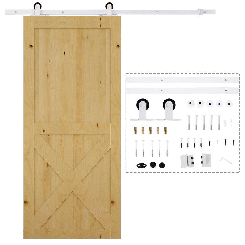 HOMCOM Schiebetüren-Beschlagsatz 183 cm Komplett-Set mit Schienen, Rollen, Schienenstopper, Bodenblock, Set Türschrauben, Schiebetürsystem aus Kohlenstoffstahl Weiß Aosom – Bild 1 von 2