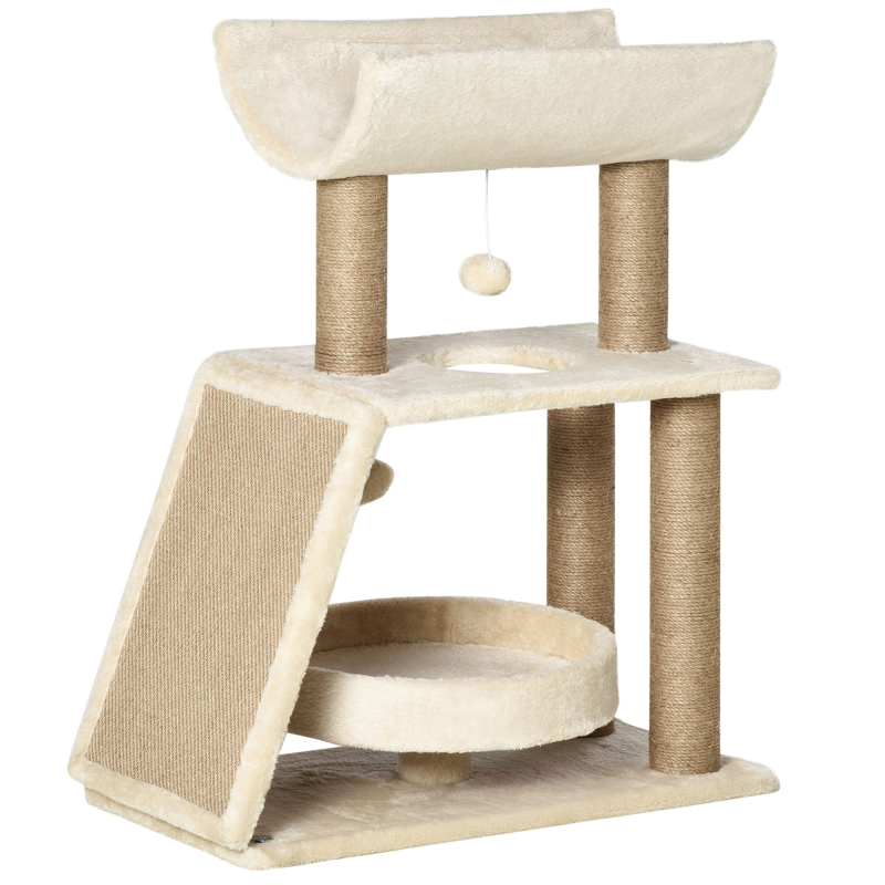PawHut Katzen Kratzbaum Klein 76cm mit Spielball & Sitzplatz, Indoor Kletterturm mit Bett & Kratzbrett, hellbraun für Katzen bis 5kg Aosom.de – Bild 1 von 2