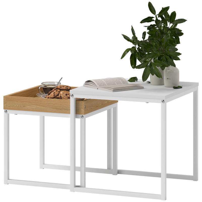 HOMCOM 2er-Set Couchtisch, Eckiger Beistelltisch, Kaffeetisch mit Stahlgestell, Sofatisch im modern Design, für Wohnzimmer, bis 30 kg Belastbar, Weiß+Eiche Aosom – Bild 1 von 2