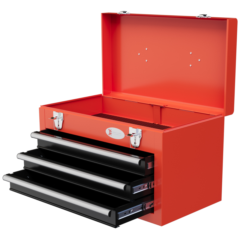 DURHAND Werkzeugkiste leer, 45 x 24 x 27 cm Werkzeugkasten mit 3 Schubladen, oberes Staufach, Handgriff, Werkzeugkoffer mit 2 Schloss, Stahl, Rot Aosom – Bild 1 von 2