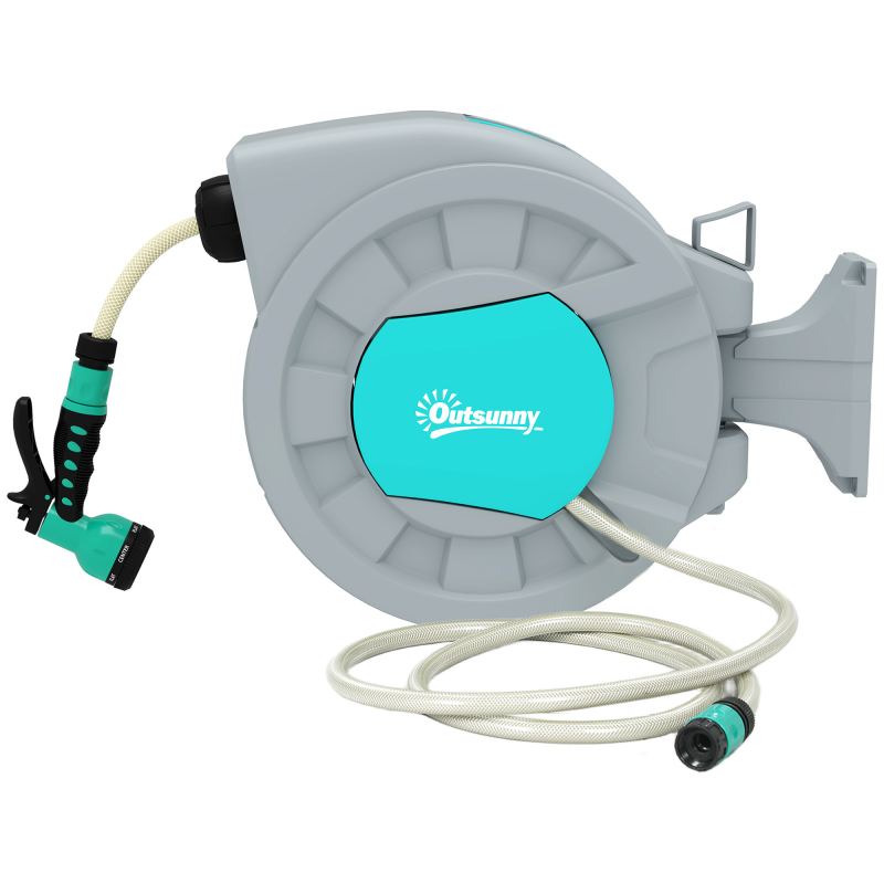 Outsunny Schlauchtrommel mit Gartenschlauch 25m, 180° schwenkbar Schlauchbox, Schlauchaufroller zur Wandmontage, Wasserschlauchaufroller mit automatische Aufrollung, 7-Funktionen Handbrause, Grün+Grau Aosom – Bild 1 von 2