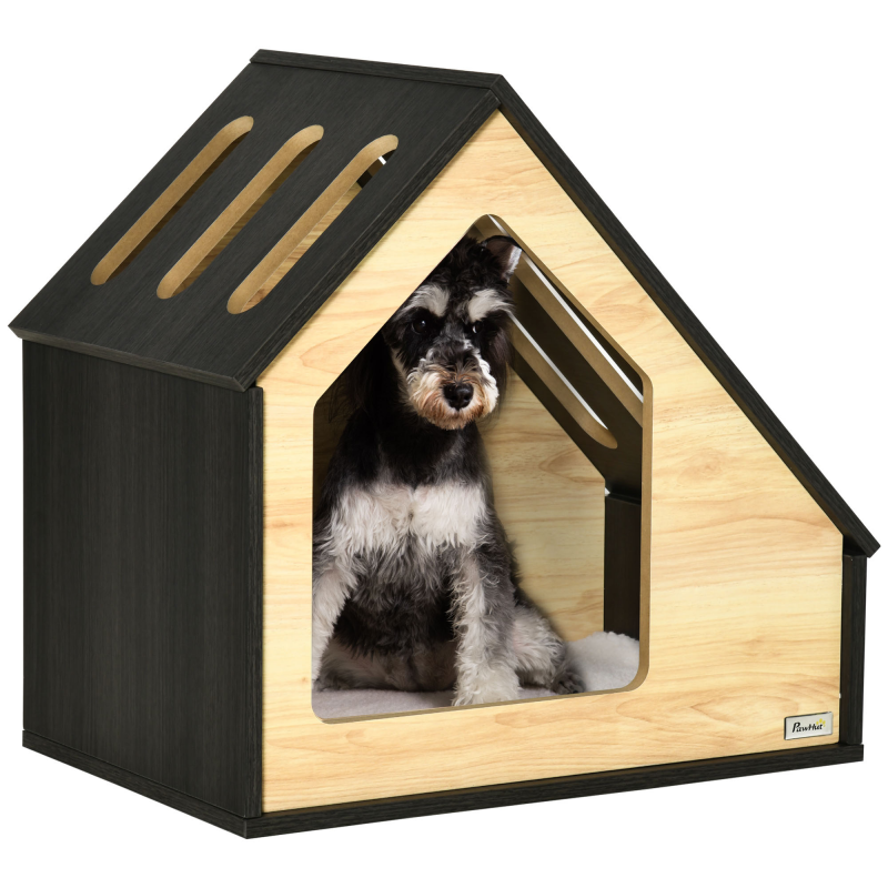 PawHut Hundehütte aus Holz Gemütliche Indoor Katzenhöhle & Hundeschlafplatz mit Kissen, für kleine Hunde bis 8kg, 60x40x59,2cm Aosom – Bild 1 von 2