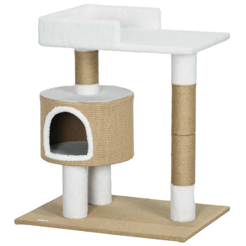 PawHut Kratzbaum 79cm kleiner Katzenbaum mit Katzenhöhle & Liegefläche für Katzen bis 8kg aus Jute in Braun/Weiß Aosom.de – Bild 1 von 2