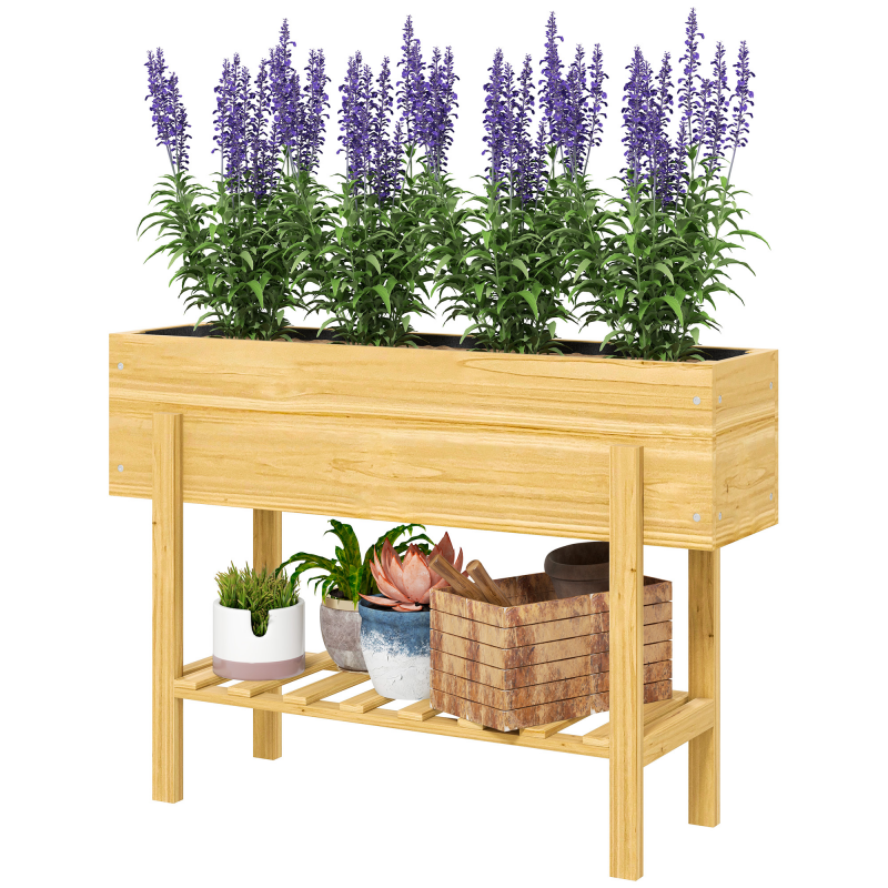 Outsunny Hochbeet mit Regal, erhöhtes Kräuterbeet mit Ablauflöcher, Pflanzkasten aus Holz, wetterbeständig Gemüsebeet, Gartenbeet, Pflanzbeet für Garten, Balkon, 100 x 30 x 70,5 cm Naturholz Aosom – Bild 1 von 2