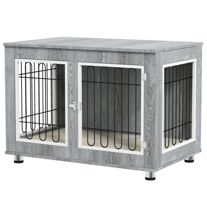 PawHut Hundekäfig, Hundehütte, Haustierkäfig mit Kissen, 2 Verriegelungen für Mittelegroße Hunde, Hundebox mit Doppeltüren, Hundehaus, Grau, 90 x 58 x 65 cm Aosom – Bild 1 von 2