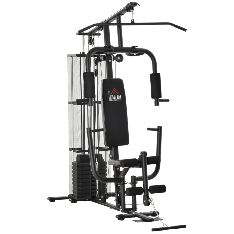 HOMCOM Gym Kraftstation Fitnessstation Multigym mit Gewichten, Latzug & Beincurl, Metall & PU-Kunstleder, Schwarz Aosom – Bild 1 von 2