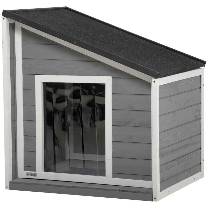 PawHut Hundehütte wetterfestes Hundehaus aus Tannenholz mit Asphaltdach & Türvorhang Grau 71x58x53/77cm für kleine Hunde Aosom.de – Bild 1 von 2