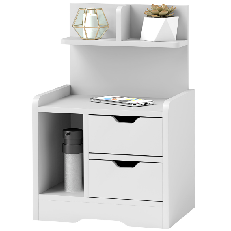 HOMCOM Nachttisch mit 2 Schubladen, Beistelltisch, Nachtschrank mit offenen Ablage, Nachtkommode für Schlafzimmer, Wohnzimmer, 40 x 30 x 60 cm, Weiß Aosom – Bild 1 von 2