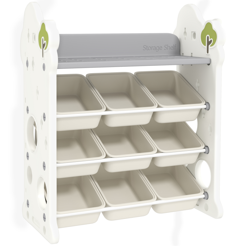 AIYAPLAY Kinderregal 4-Stufiges Spielzeugregal mit 9 Herausnehmbaren Boxen, Ablage, Haken, Kinderzimmerregal für Kindergarten, Spielzimmer, 77 x 42 x 94 cm, Cremeweiß Aosom – Bild 1 von 2