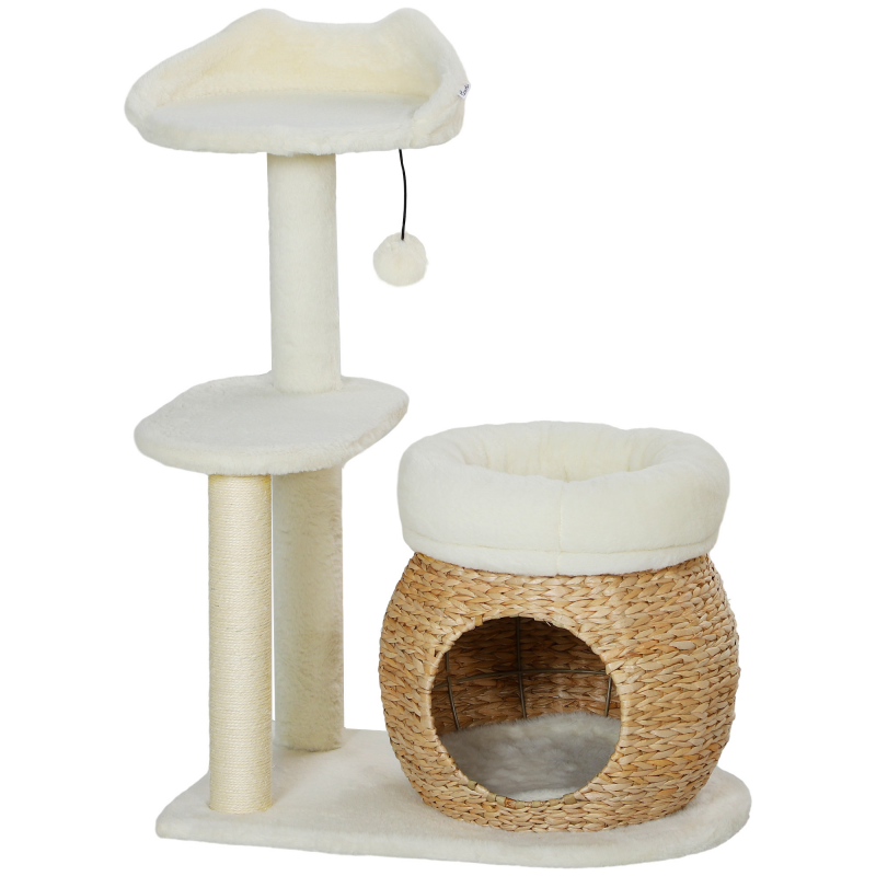 PawHut Kratzbaum 79 cm Katzenbaum mit Katzenhöhle, Bett, Spielbälle, Katzenkratzbaum mit Sisal-Kratzsäulen, für Katzen bis 5 kg, Cremeweiß Aosom – Bild 1 von 2