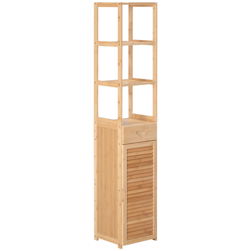 kleankin Badezimmerschrank, Badschrank aus Bambus, Badezimmermöbel mit Schublade, drei Ablagen, offenes Fach, für Badezimmer, 32 x 30 x 163 cm Naturholz Aosom – Bild 1 von 2